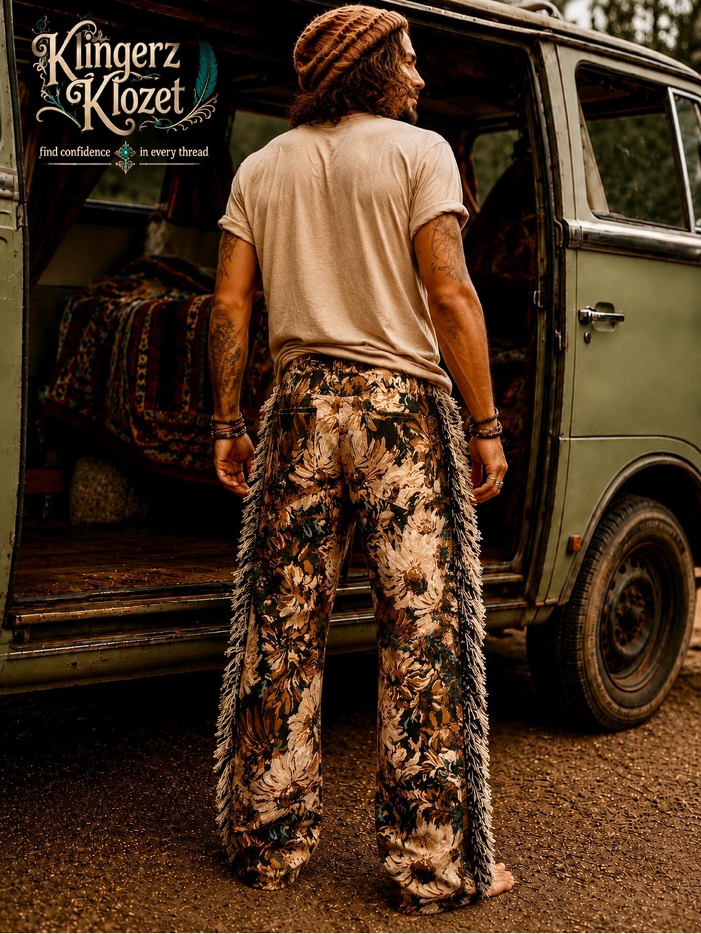 Floral tapestry Fringe men’s Pants in Beige & Black. - Picture 3 of 11